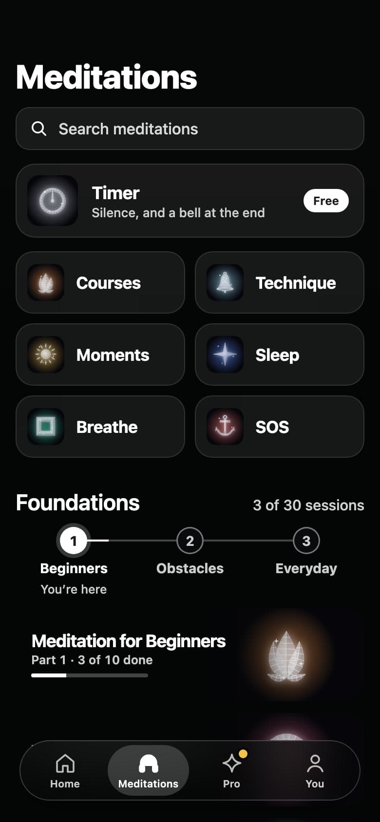 The Meditations tab: the free Timer, Courses, Technique, Moments, Sleep, Breathe and SOS, then the Foundations track