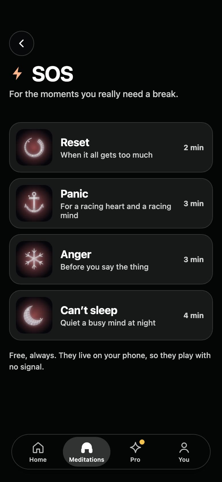 SOS: Reset, Panic, Anger and Can’t sleep, free and playable with no signal